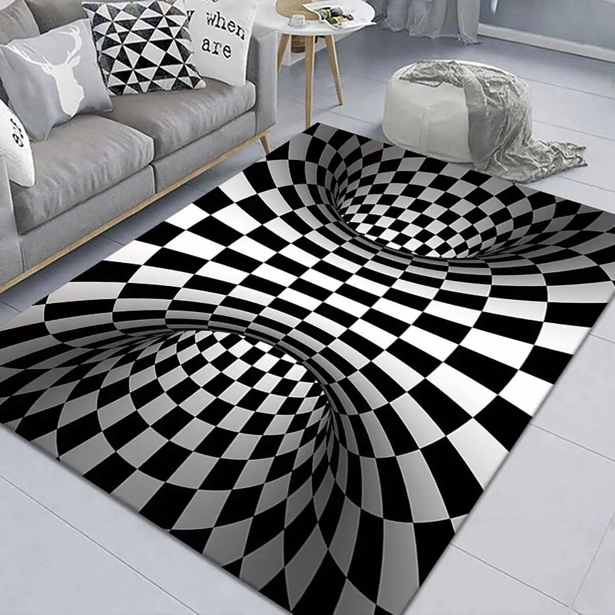 

Black White Checkered 3D Thoroughfare View Area Rug Abstract Geometric Printed Bed Room Home Carpet Non-Slip Floor Mat,4'X6'