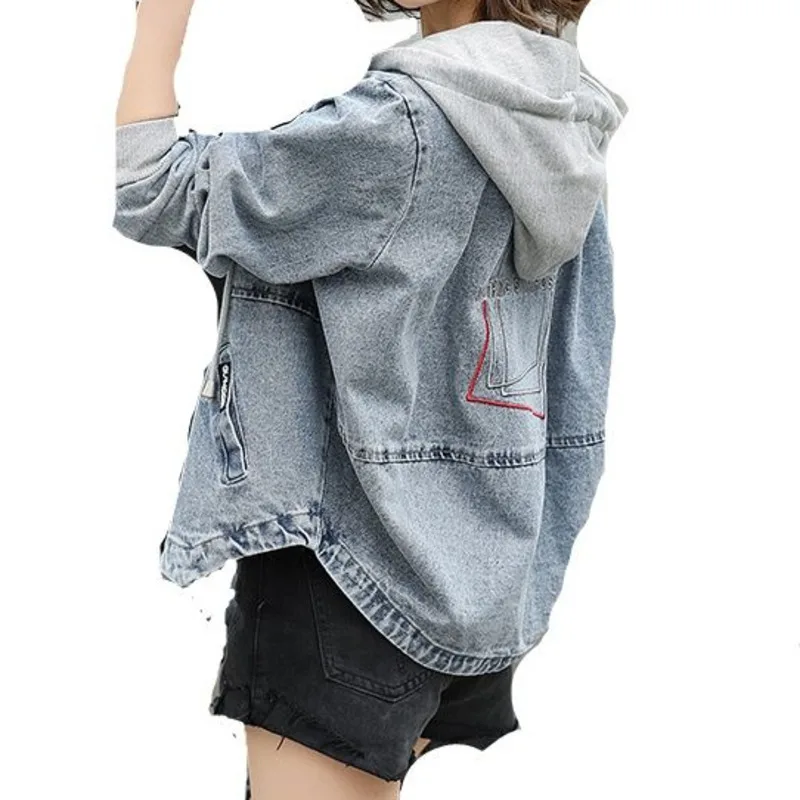 

Women Fashion Denim Jacket 2022 Female Spring Korean Version Loose BF Short Hooded All-Match Coat Fake Two-Piece Denim Jacket