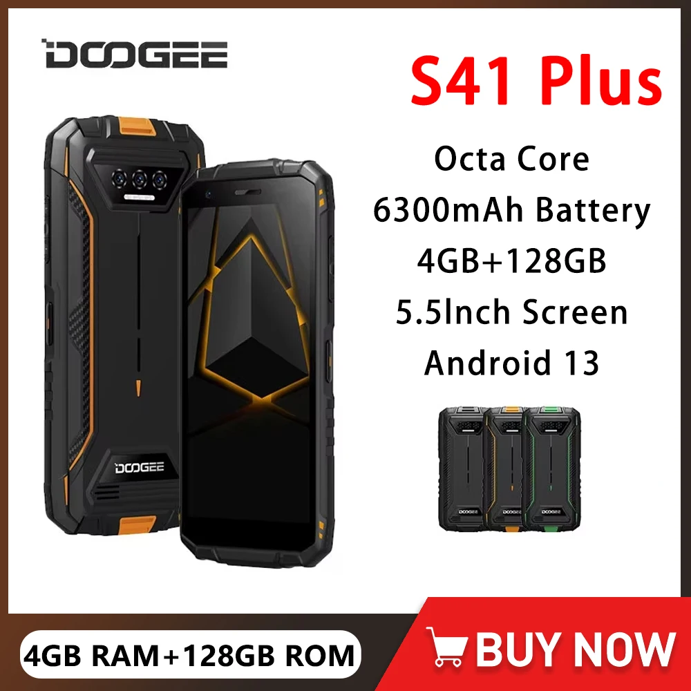 DOOGEE S41 Plus Rugged Phone Octa Core 5.5 Inch IPS HD+ Screen 4GB+128GB Smartphone Android 13 13MP Camera 6300mAh Cellphone NFC