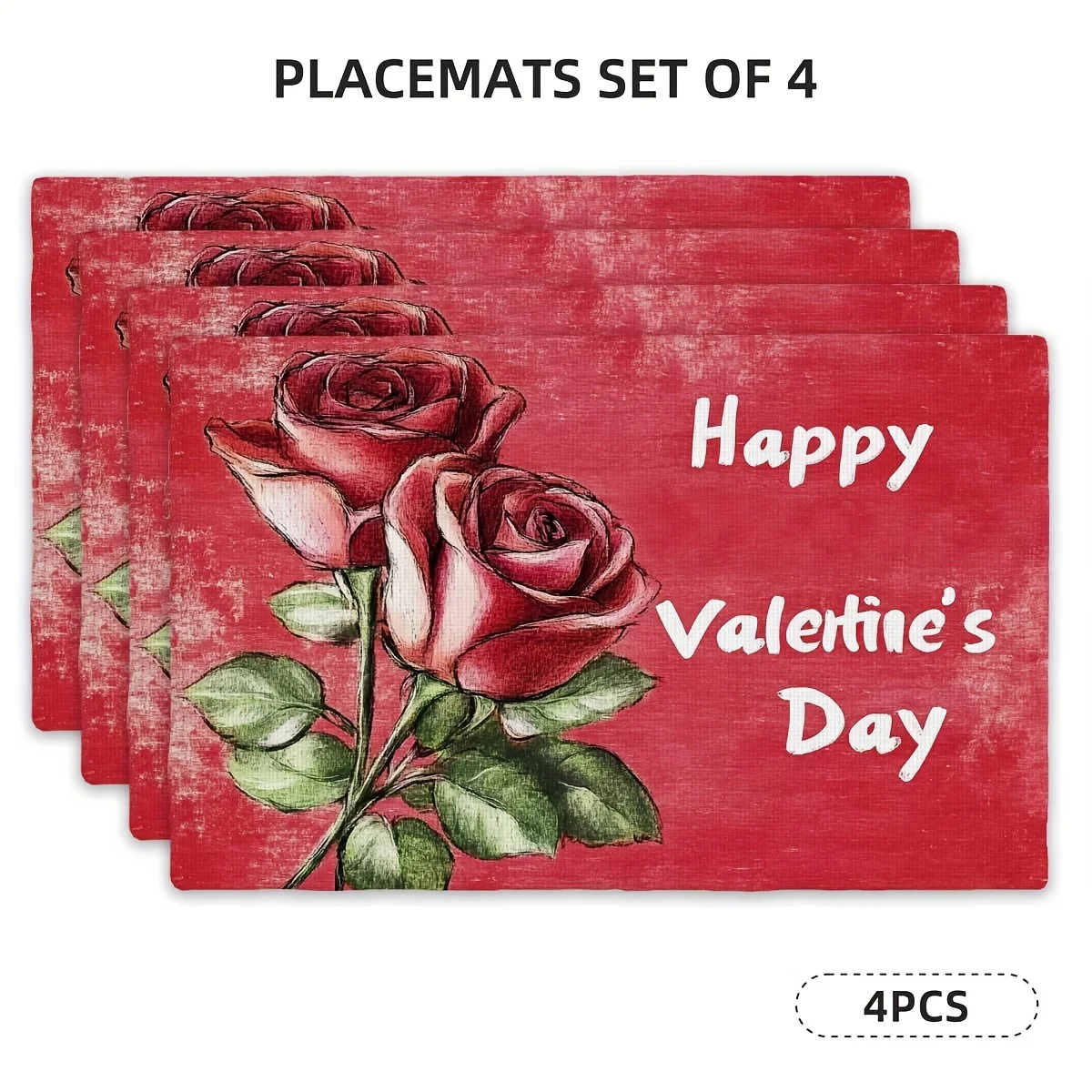 Set of 4 Placemats with a Red Background Featuring a Single Rose And The Text 'Happy Valentine'S Day