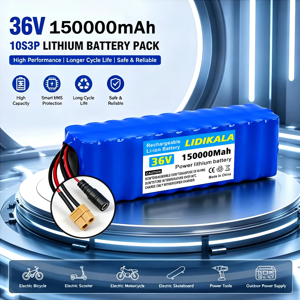 10S3P 36V 150000mAh 18650 Lithium-Ionen-Akku, wiederaufladbarer Ersatzakku für Elektroroller & E-Bike, kompatibel mit 1000W Motor, Smart BMS (Überlade-/Tiefentlade-/Kurzschlussschutz), sicher, lange