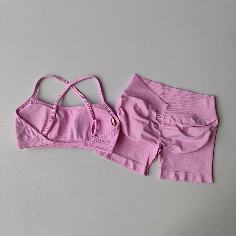 2PCS Yoga Gym Set Women Seamless Running Yoga Bra Top High Waist Workout Scrunch Shorts Sports Suit Fitness Clothes Sportswear