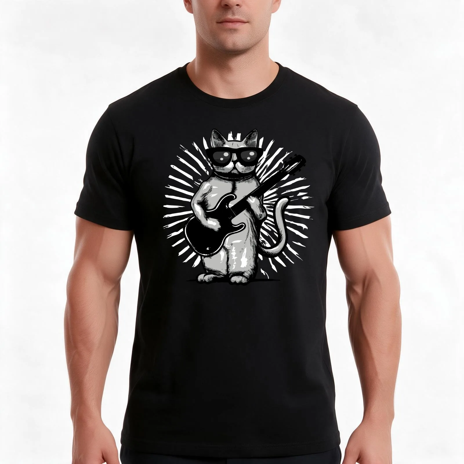 Drawing Of A Cool Rock And Roll Cat Playing electric Guitar T-Shirt, Summer Casual Cotton Tee, Oversized Streetwear Tops