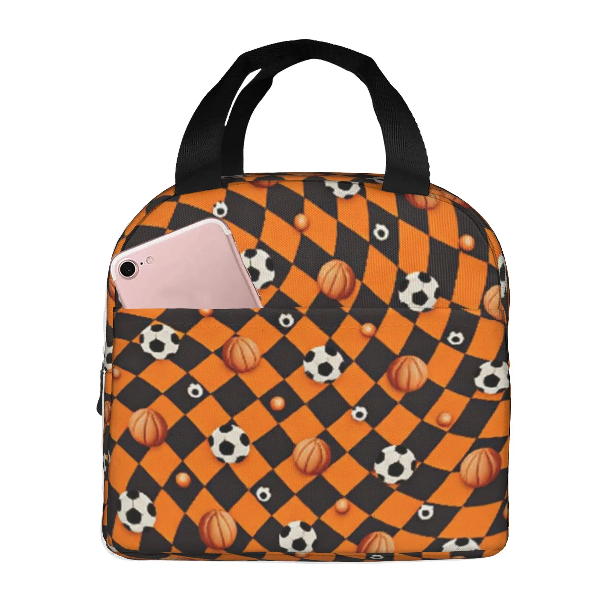 Checkered Basketball Soccer Insulated Lunch Bag for  Portable Football Wavy Distorted Effect  Thermal Cooler Lunch Tote School