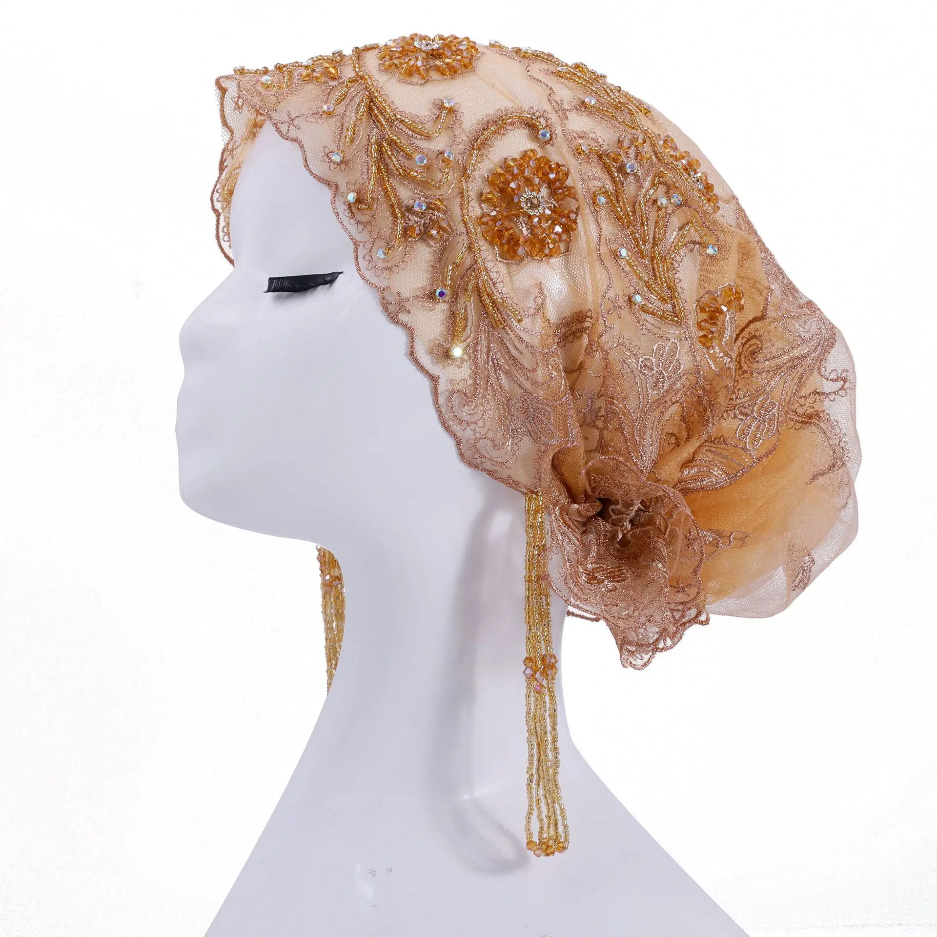 

Модный кружевной тюрбан с бахромой и вышивкой бисером, женский мусульманский внутренний хиджаб, исламский головной убор, шапка-бини для женщин с проблемами с волосами, свадебный головной убор