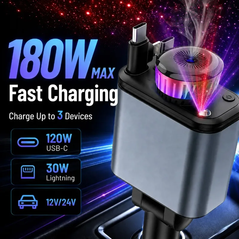 180W 5 in 1 Car Charger Retractable USB C Lightning Fast Charging Aromatherapy Starlight Adjustable 12V 24V Adapter