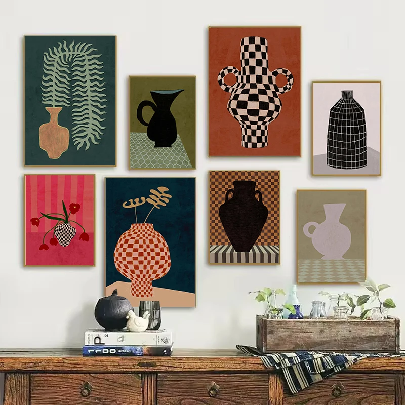 Moderne Bohemian-Style Vase Kunstdrucke Abstrakte Leinwandgemälde Minimalistische Poster Wandkunst Bilder Wohnzimmer Heimdekoration