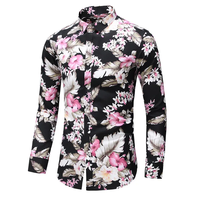 Multiple Colors Men Slim Flower Printed Casual Shirt Autumn Male Holiday Party Long Sleeve Dress Shirts Camisa Masculina 5XL
