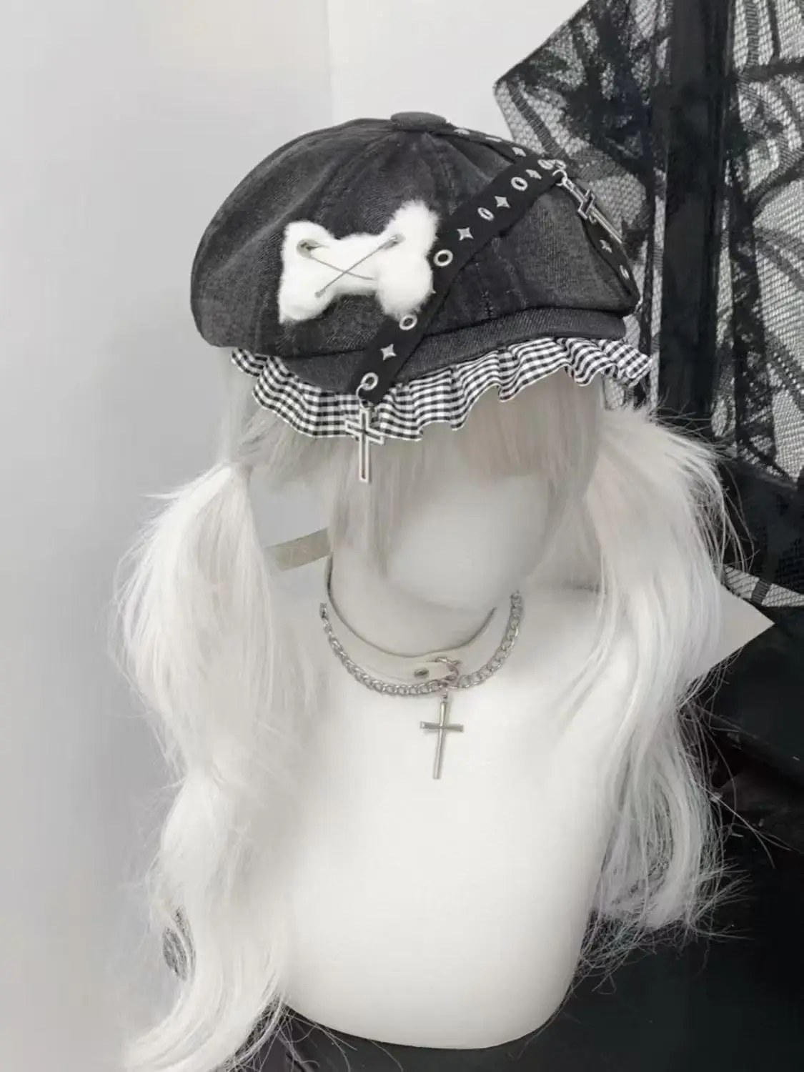 الأصلي ثقافة العضلات الشرير العظام عبر شبكة تكدرت الدانتيل قبعة البيريه الجينز مثمنة قبعة Y2K Faion قبعة الشارع الشهير