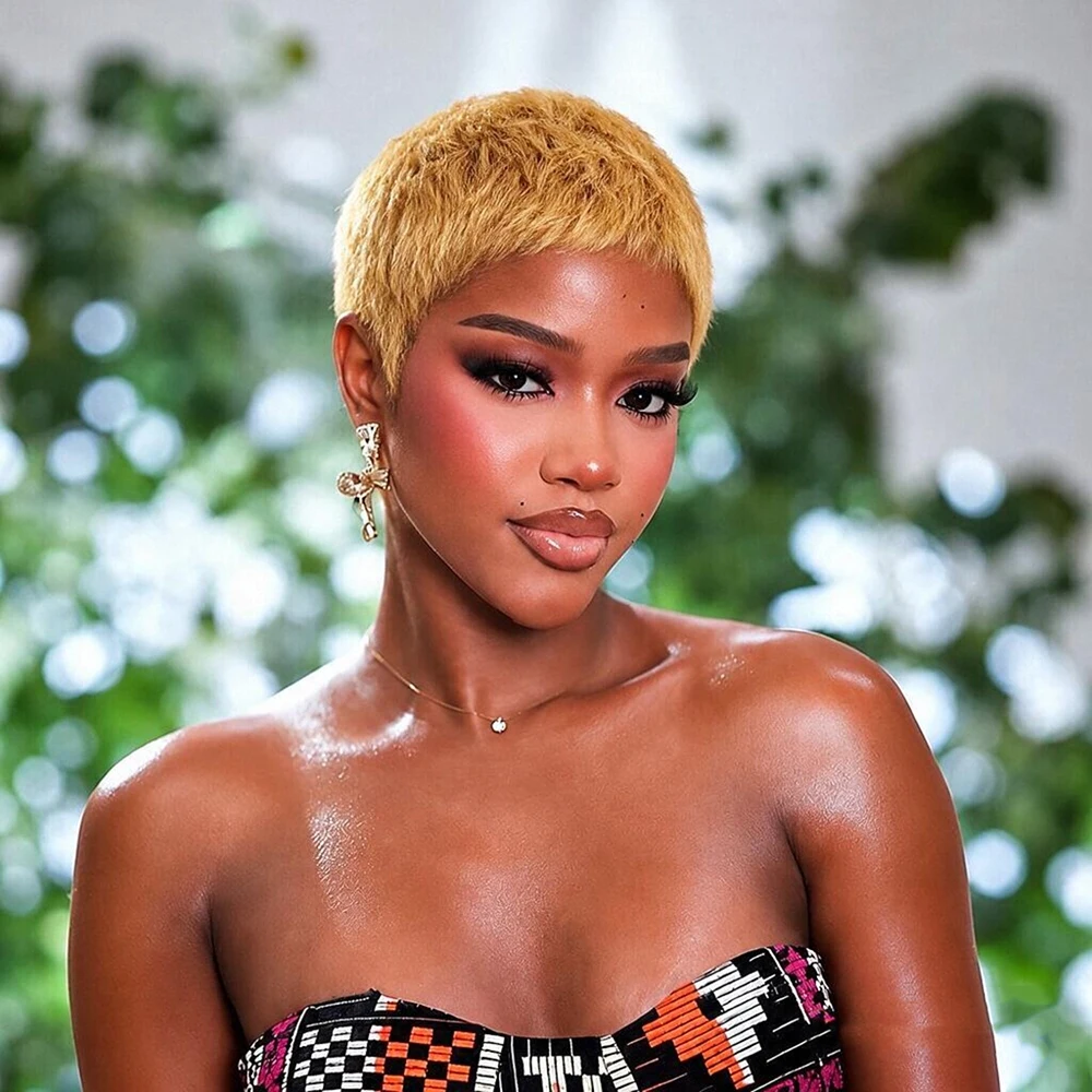 Blonde Short Straight Pixie Cut Wigs Human Hair with Pre Plucked Hairline for Women Bazilian Remy Hair Full Machine Made Cap