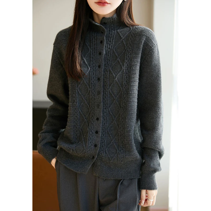 

Новинка 2025 года, витой ромбический женский кардиган, свитер, вязаное пальто в стиле ретро, осень-зима, теплый толстый трикотаж, повседневная нижняя рубашка