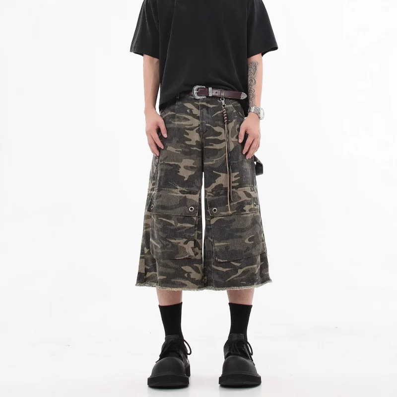 Celana Jeans Tujuh Saku Model Vintage Distressed Camouflage untuk Pria, Musim Panas, Model Longgar, Celana Cargo Multi-Kantong