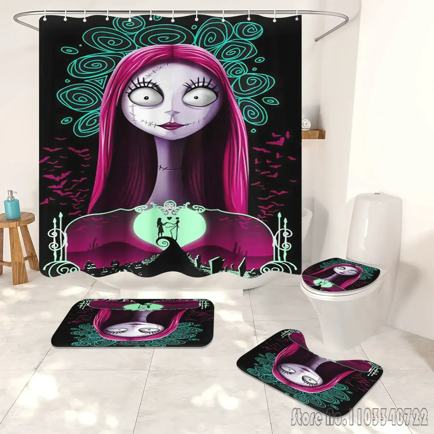 The Nightmare Before Christmas Shower Curtain Bathroom Accessories 4 Piece Set Mats And 100% Polyester Decor Cute Funny home