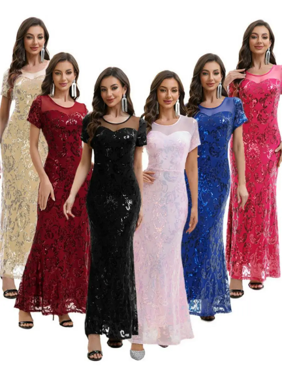 Retro 920s Sequin Skirt Evening Gown Women's Sle iny Sequin Dr for Dinner Parties Polyester Material Spring Collection