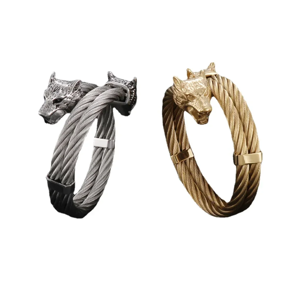 

Rock Fashion Handwear Punk Vintage Wolf Head Double Men's for Ring Stainless Steel Open Elastic Bracelet