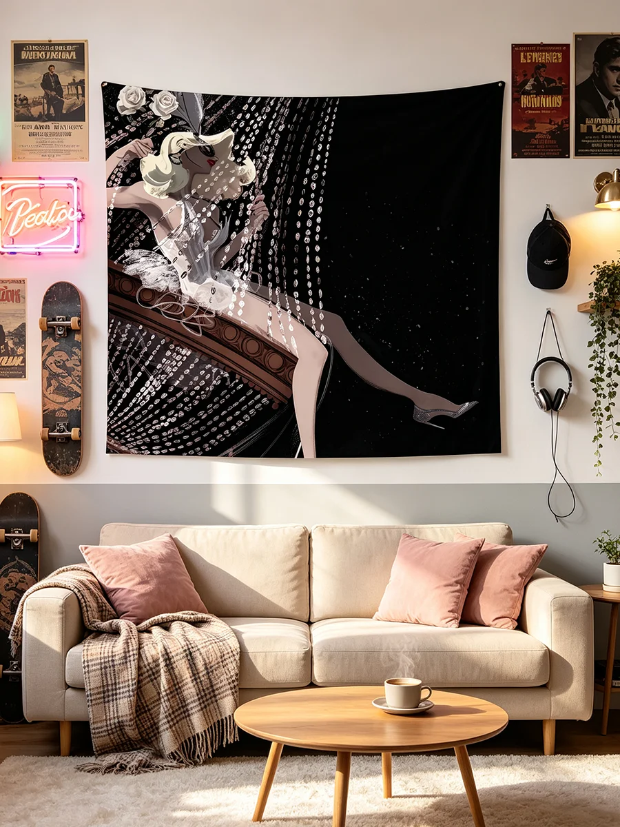 1PC Vintage Flapper Girl Tapestry, Retro Cabaret Lady Beaded Print Wall Hanging, Dark Art Background Cloth Bedroom Decor - view 4