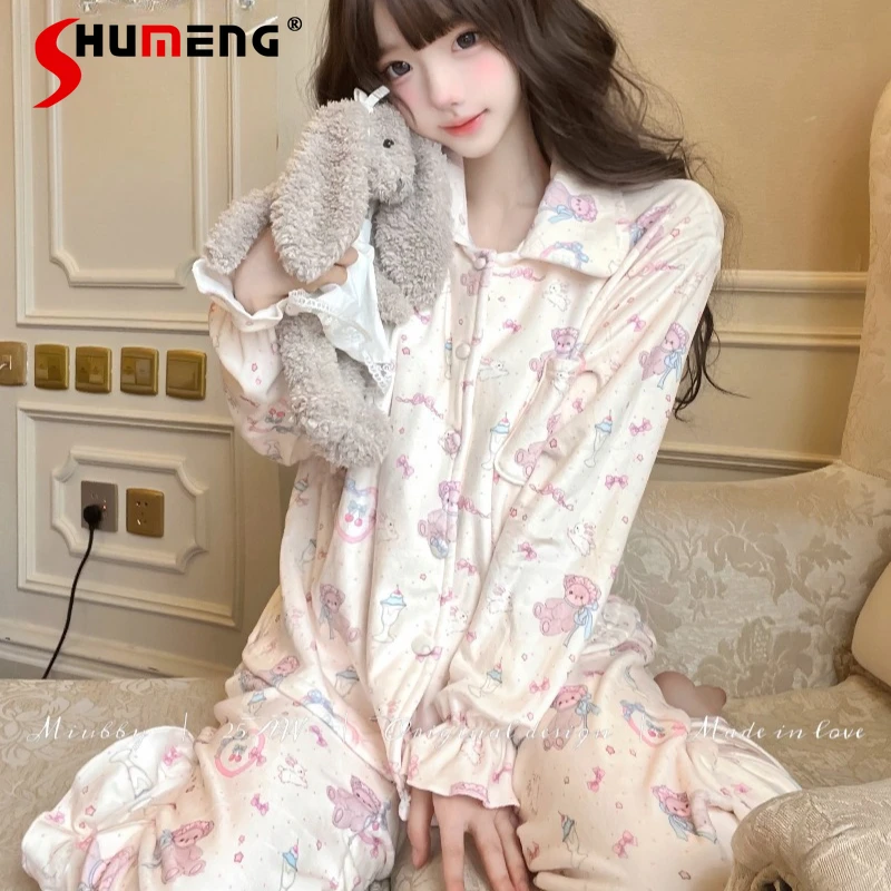 

Японские милые пижамы с мультяшным принтом, женские уличные бархатные флисовые подкладки, домашняя одежда для девочек, свободное нижнее белье с отложным воротником