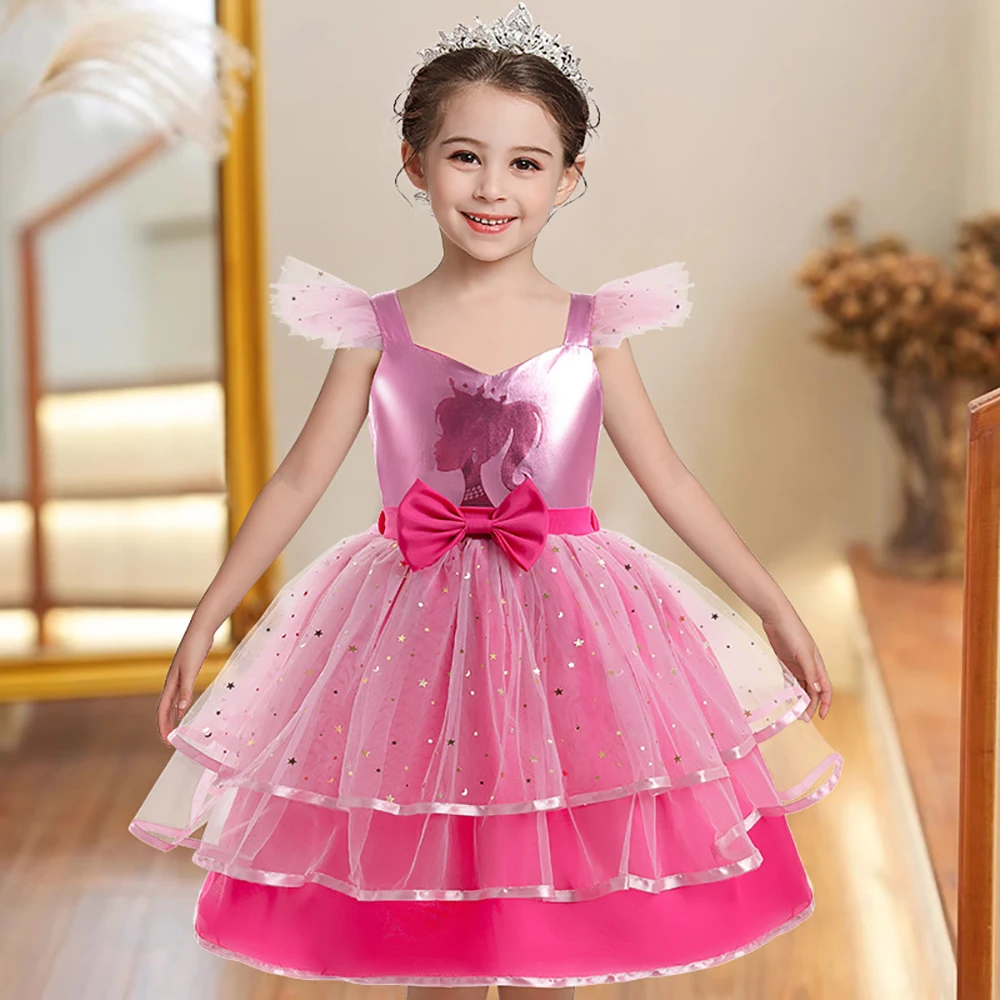 Young Girls Hot Pink Barbie Party Dress Kids Lace Princess Evening Gown Girl Layered Bow Birthday Dresses Children Fashion Wear