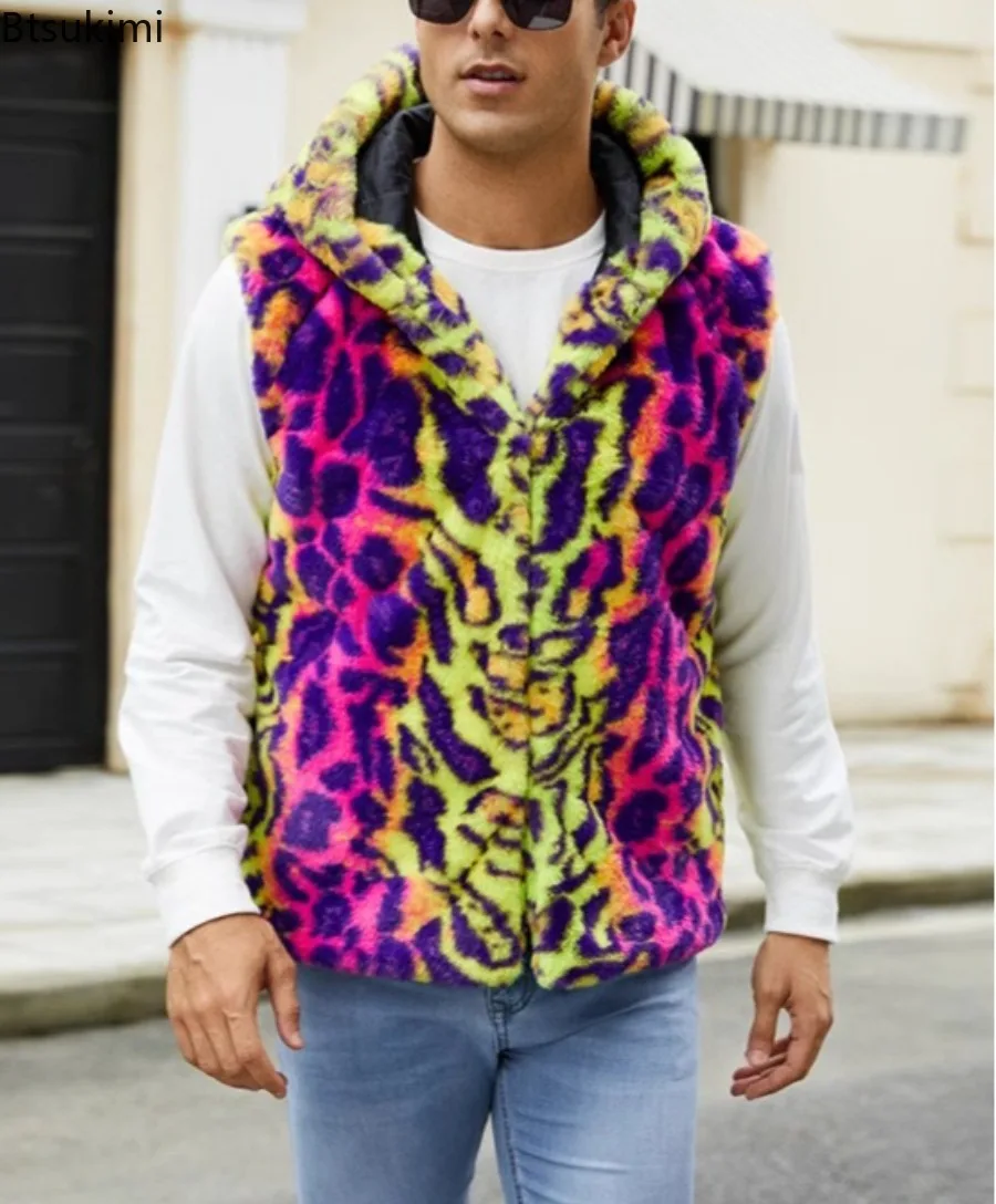 Men Colorful Leopard Print Faux Fur Hooded Vest Sleeveless Waistcoat Plush Warm Thick Contrast Color Casual Street Outerwear