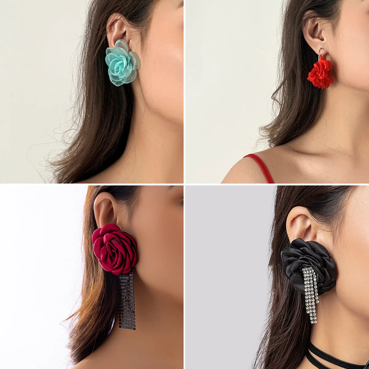

Holiday wind rose flower earrings, colorful fringed fabric floral earrings