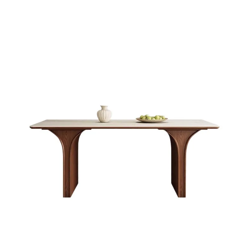 Cream wind butterfly foot rock slab dining table, household rectangular solid wood frame dining table