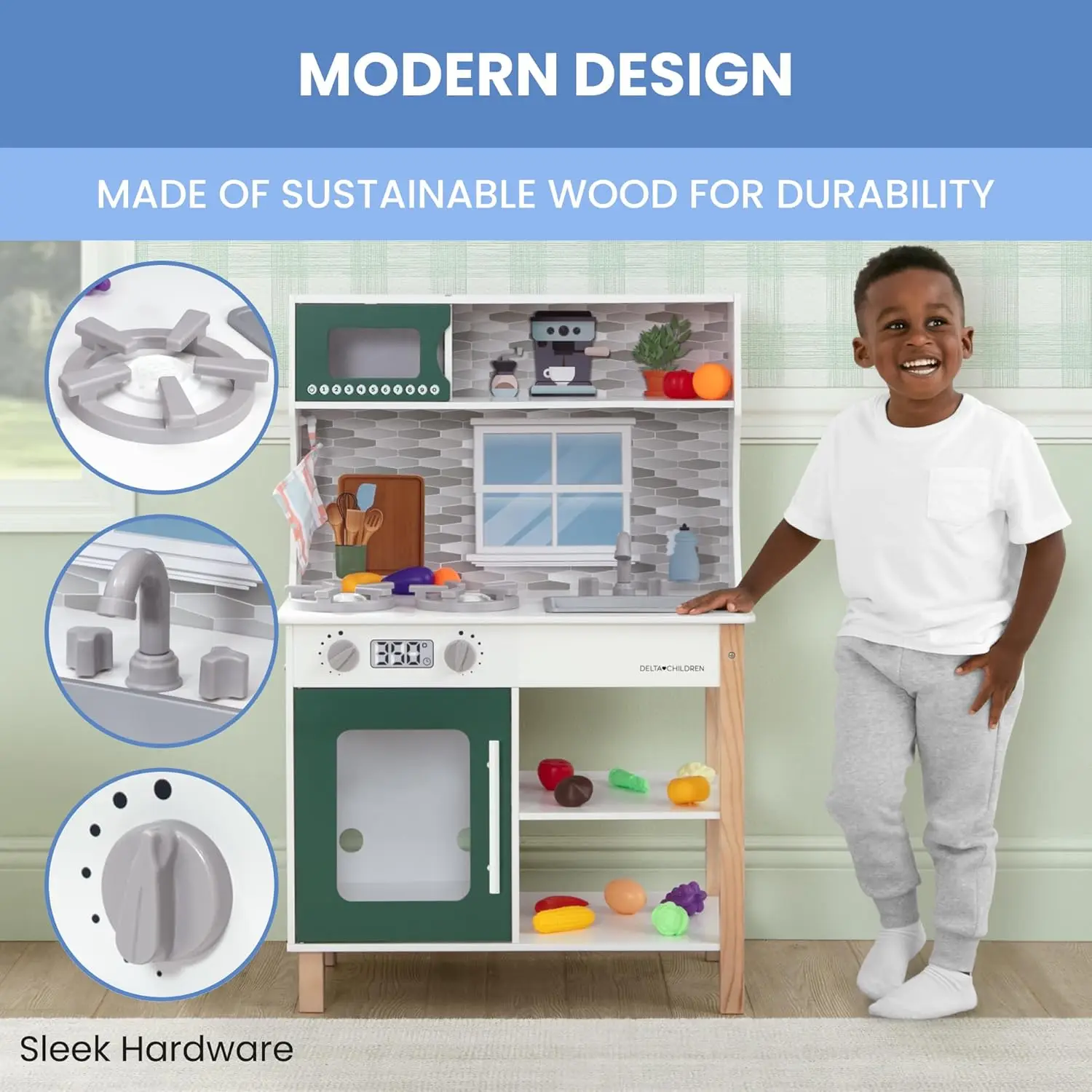 Tiny Chef Play Kitchen - Toy Kitchen Playset with Realistic Knobs That Turn/Click, Oven, Sink, Microwave and 15 Pieces of Play F