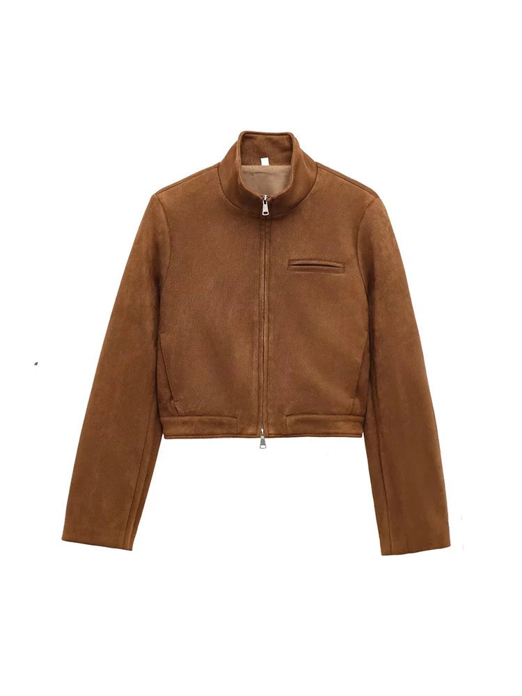 

2025 Spring Short Suede Jackets Women Brown Stand Collar Zipper Long Sleeve Female Coats Fashion Street Y2k Lady Outwears