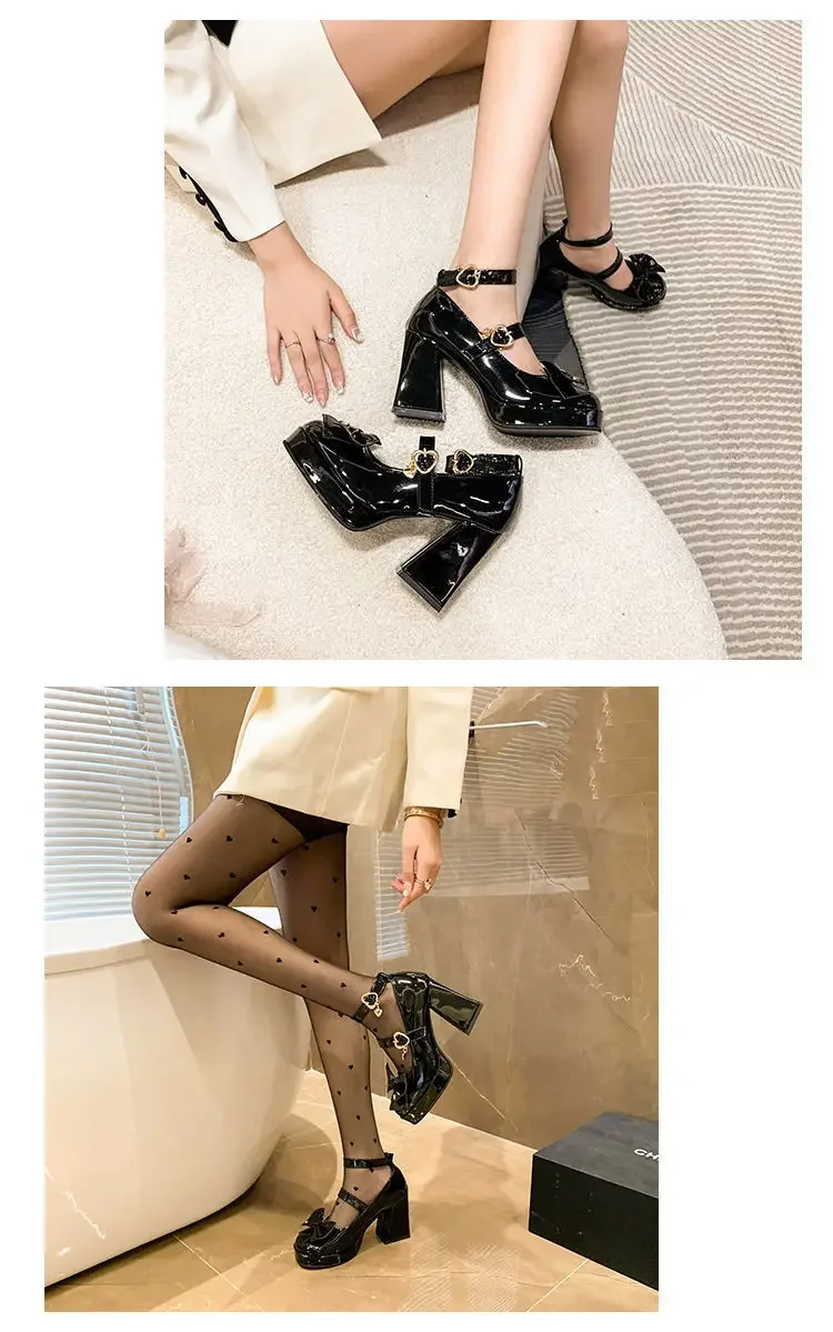 Punk Heart Buckle High Heels Pumps Women 2024 Autumn Y2K Black Chunky Platform Lolita Shoes Woman Bowtie Thick Heel Gothic Shoes