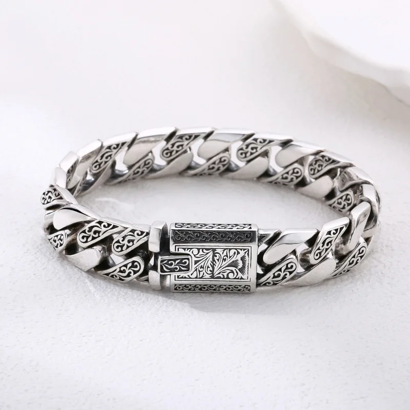 

925 sterling silver bracelet Tang grass pattern Cuban link chain thick type men's trendy Thai silver retro distressed ornament