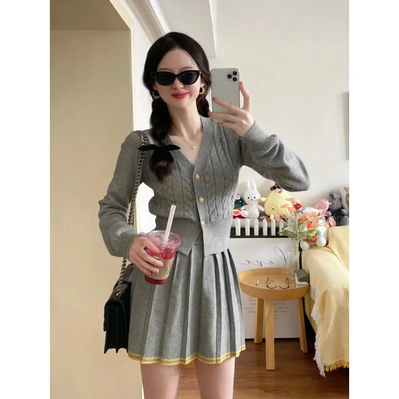 Spring Korean College Style 2 Pieces Women Knitted Sets Long-sleeved V-neck Single-breasted Sweater Tops Mini Pleated Skirt Suit