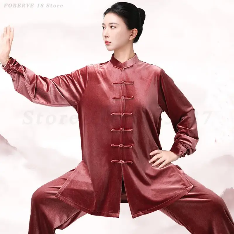 

Velvet Tai Chi Outfit Adult Kung Fu Set Traditional Martial Arts Performance Costume Velour Long Sleeved Shirt Pants Tang Suit