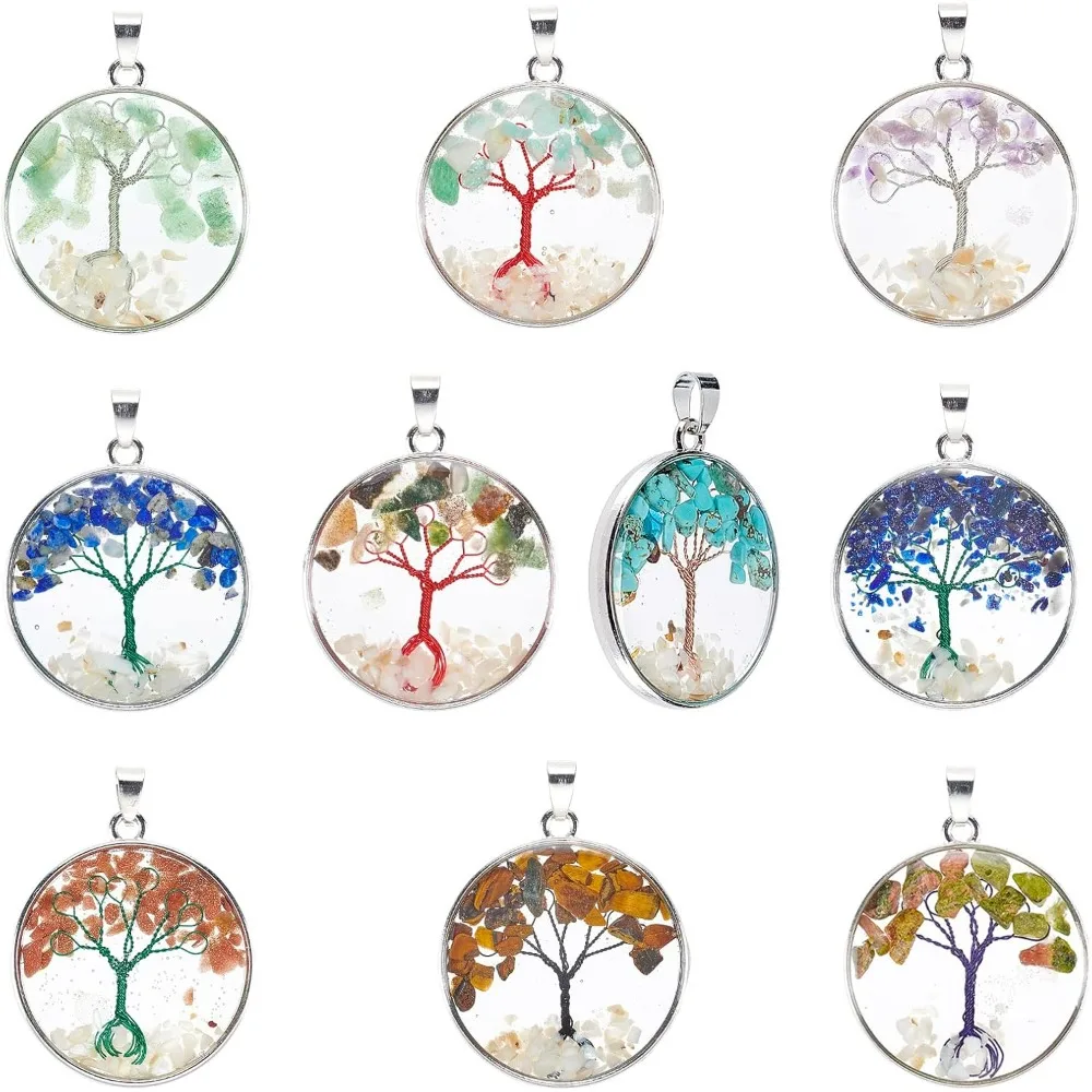 10 Styles Tree of Life Pendants Chakra Crystal Quartz Charms Stone Pendants Clear Wire Tree Charms Pressed Tree Charms