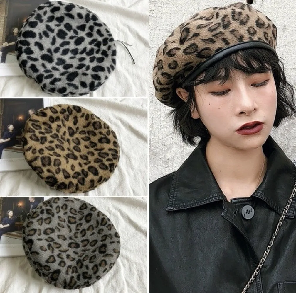 Leopard Berets Warm Winter Women Beret Braided Knit Hook Hat Ski Cap Fashion Women Hats Accessories