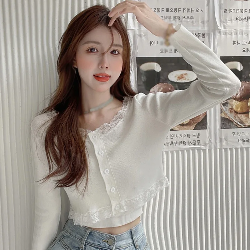 Women’s Korea Style Sweater Cropped Cardigan Knit Tops Button Down Lightweight Soft Crew Neck Lightweight Kint Sweater