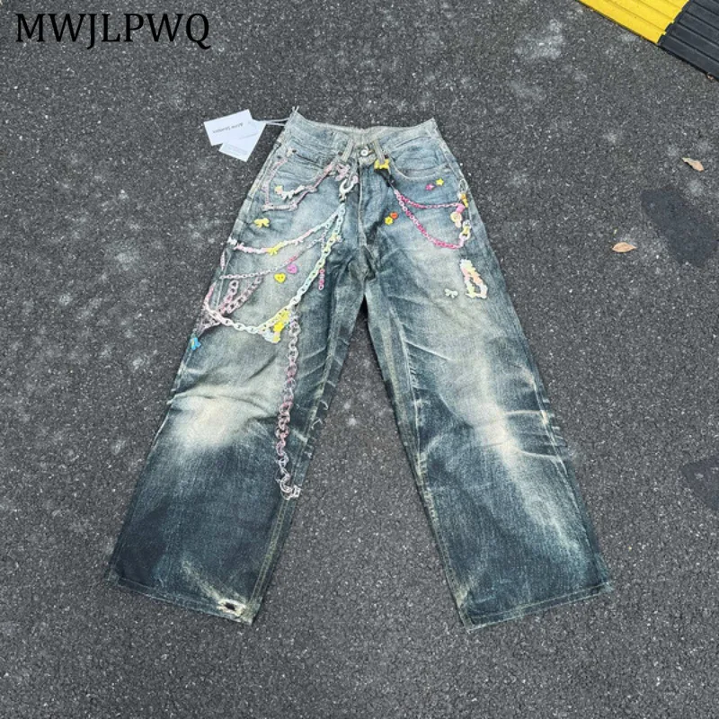 

MWJLPWQ Vintage Washed Chain Printed Jeans Men's 2025 Autumn Streetwear Couple Hiphop Loose Trendy Trousers Wide Leg Pants 11546