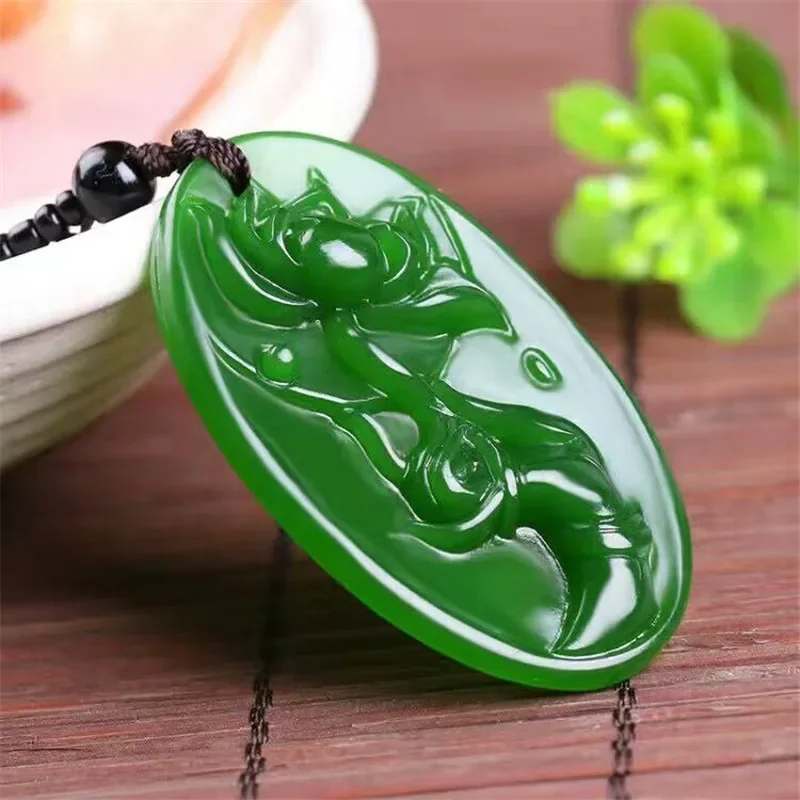 Natural Green Hand-carved Bergamot Jade Pendant Fashion Boutique Jewelry Men and Women Lotus Necklace Gift Accessories