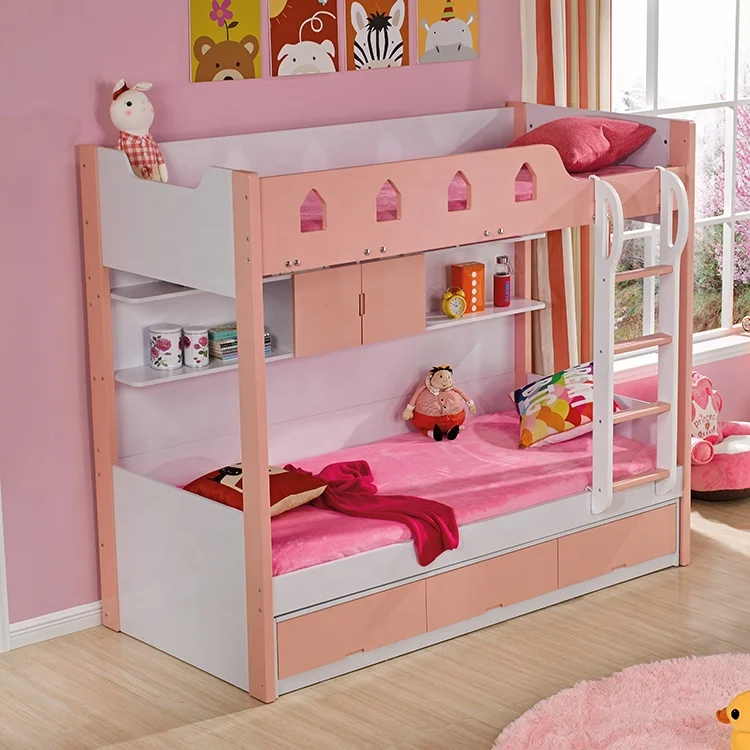 Functional Wooden Children Bunk Bed with Bottom Drawer Bed