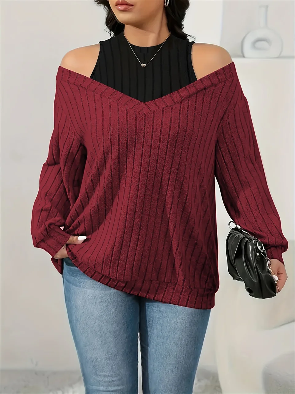 GIBSIE حجم كبير الكتف البارد 2 في 1 الضلع متماسكة المحملة المرأة 2025 ربيع الخريف عادية فضفاض س الرقبة طويلة الأكمام تي شيرت الإناث