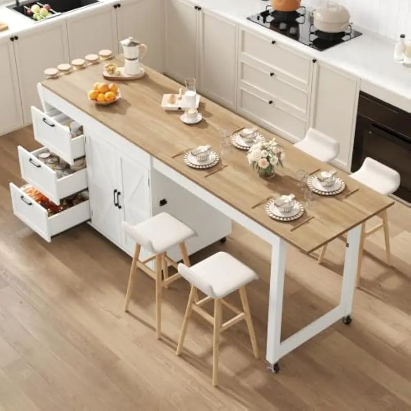 47 to 90 inch adjustable flip-top island table with tiered storage shelves, 3 smooth-gliding drawers, lockable casters, engineer
