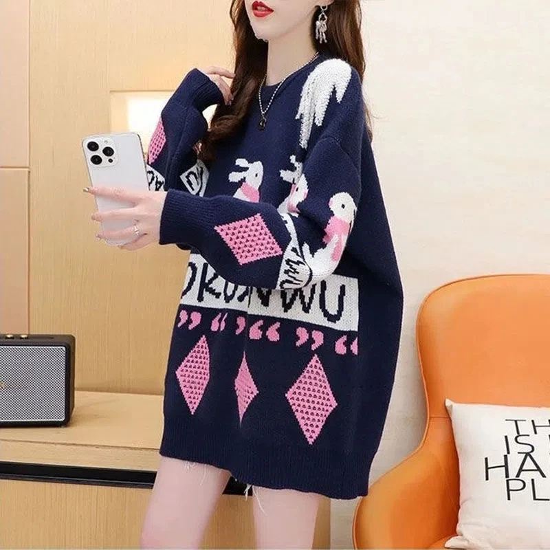 Plush Thickened Red Christmas Sweater Women\'s Sweet Autumn And Winter 2023 new Loose Lazy Style Knitted Top Blend Wool Pullover