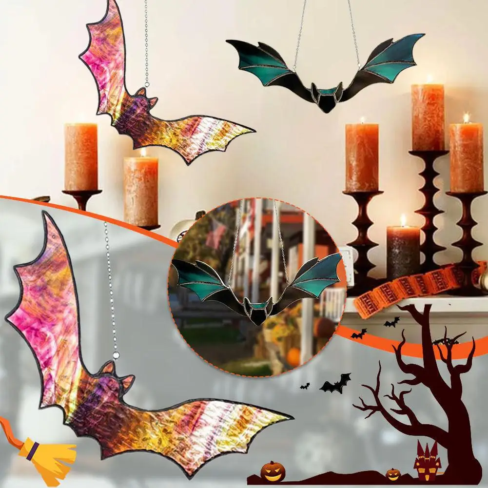 

2024 Halloween Bat Stained Glass Suncatcher Window Hanging Acrylic For Wall Art Halloween Bat Home Decoration L9O5