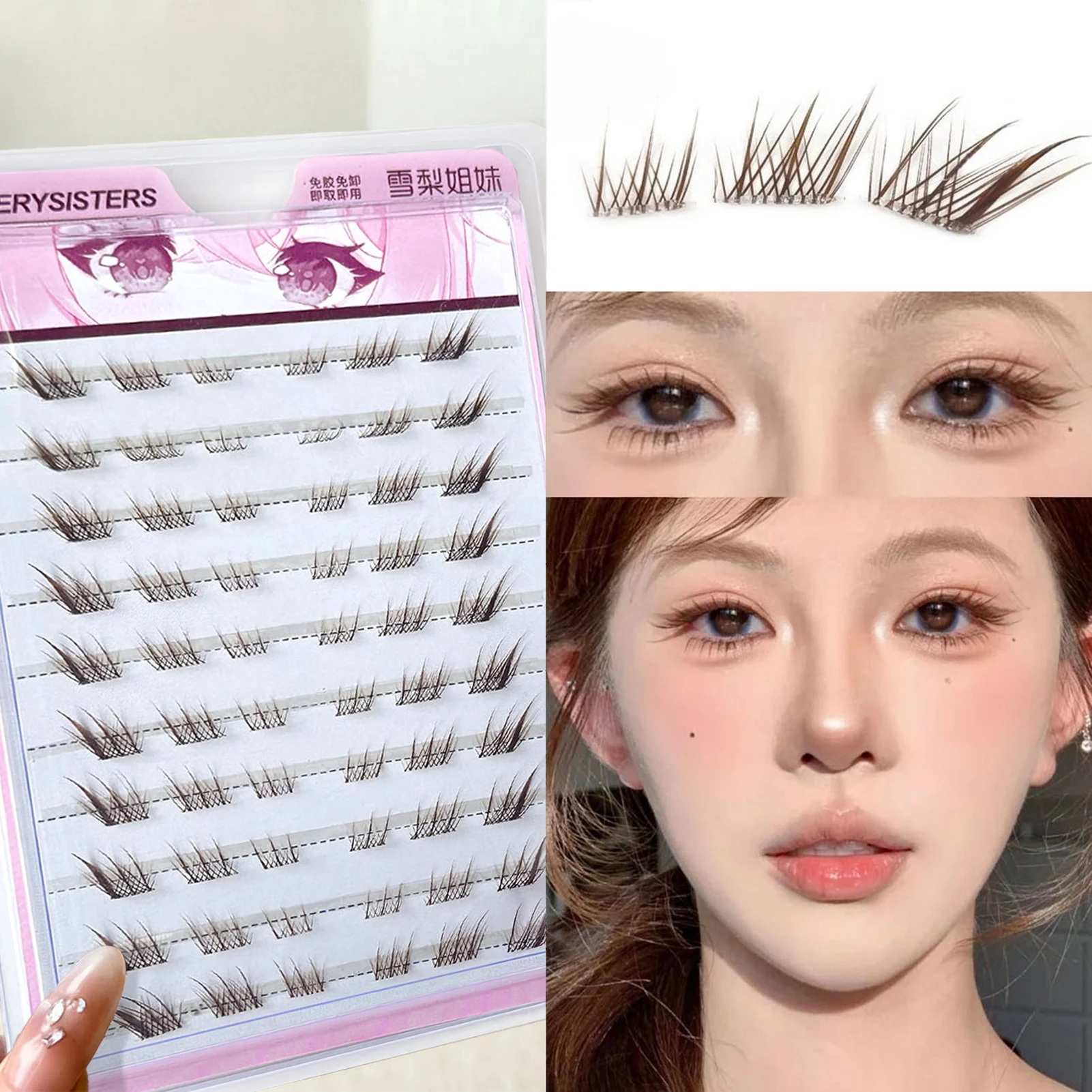 10 Rows Brown Single Cluster False Eyelashes Anime Fox-eye cat Segmented Natural Thick curled up Volume For Cosplay Party makeup