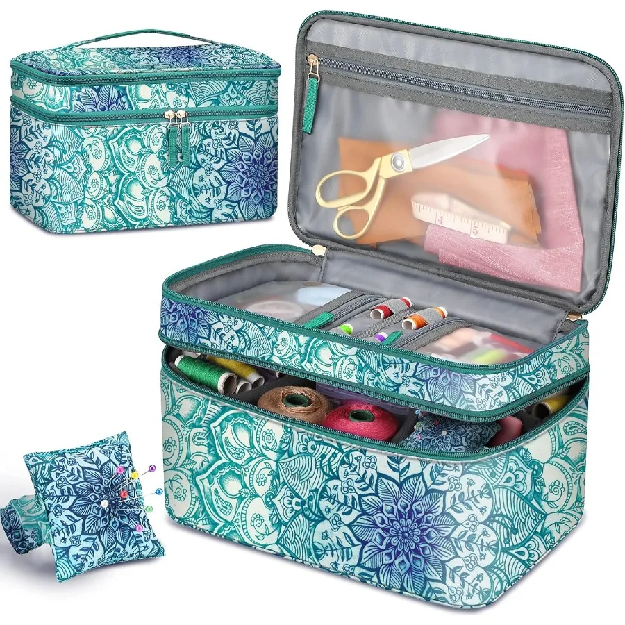 

FINPAC Sewing Accessories Storage and Organizer Case Double-Layer Sewing Kits Carrying Bag with Wrist Pin Cushion for Threads N