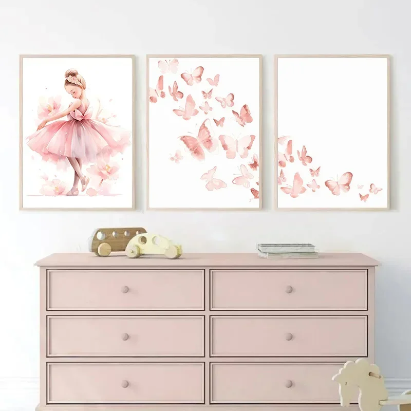 Nome personalizzato Rosa Wall Art Dipinti su tela Ballerina Ragazza Unicorno Farfalla Decorazione della camera dei bambini Asilo nido Poster Immagini Decorazione della parete