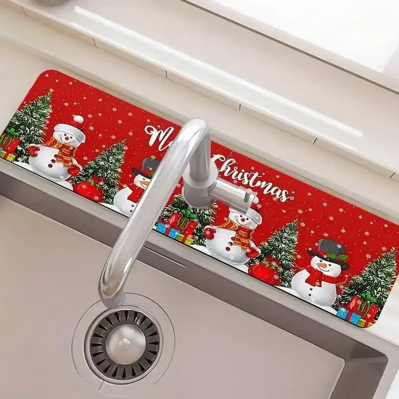 VIKAMA Cartoon Christmas Silicoflora Bar Counter Drain Pad, Kitchen Bathroom Faucet Pad, Absorbent Sink Pad, Home Decoration