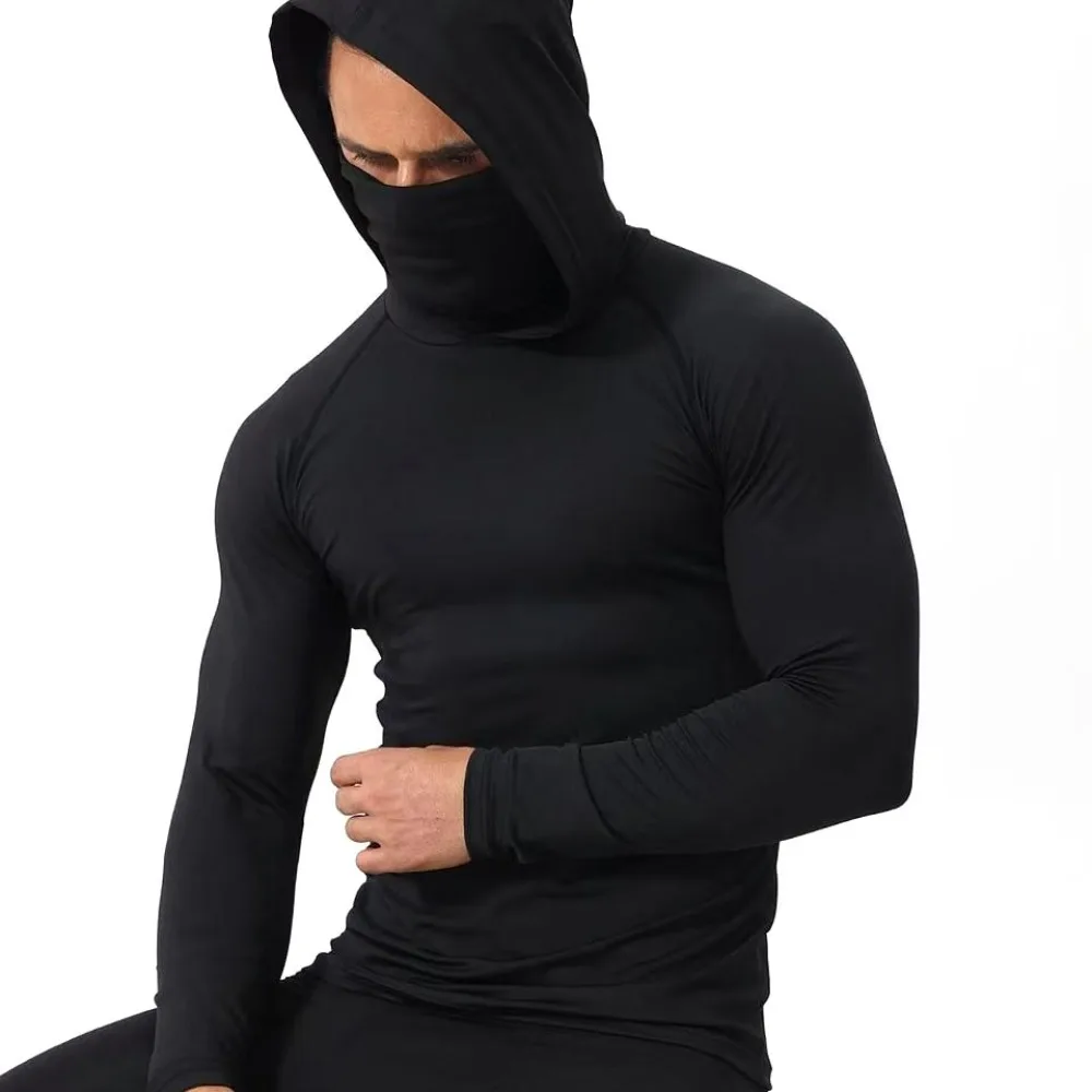 

Мужской компрессионный костюм для всего тела — топ с капюшоном, прикрепленной маской и брюки, термоспортивная одежда для бега на открытом воздухе