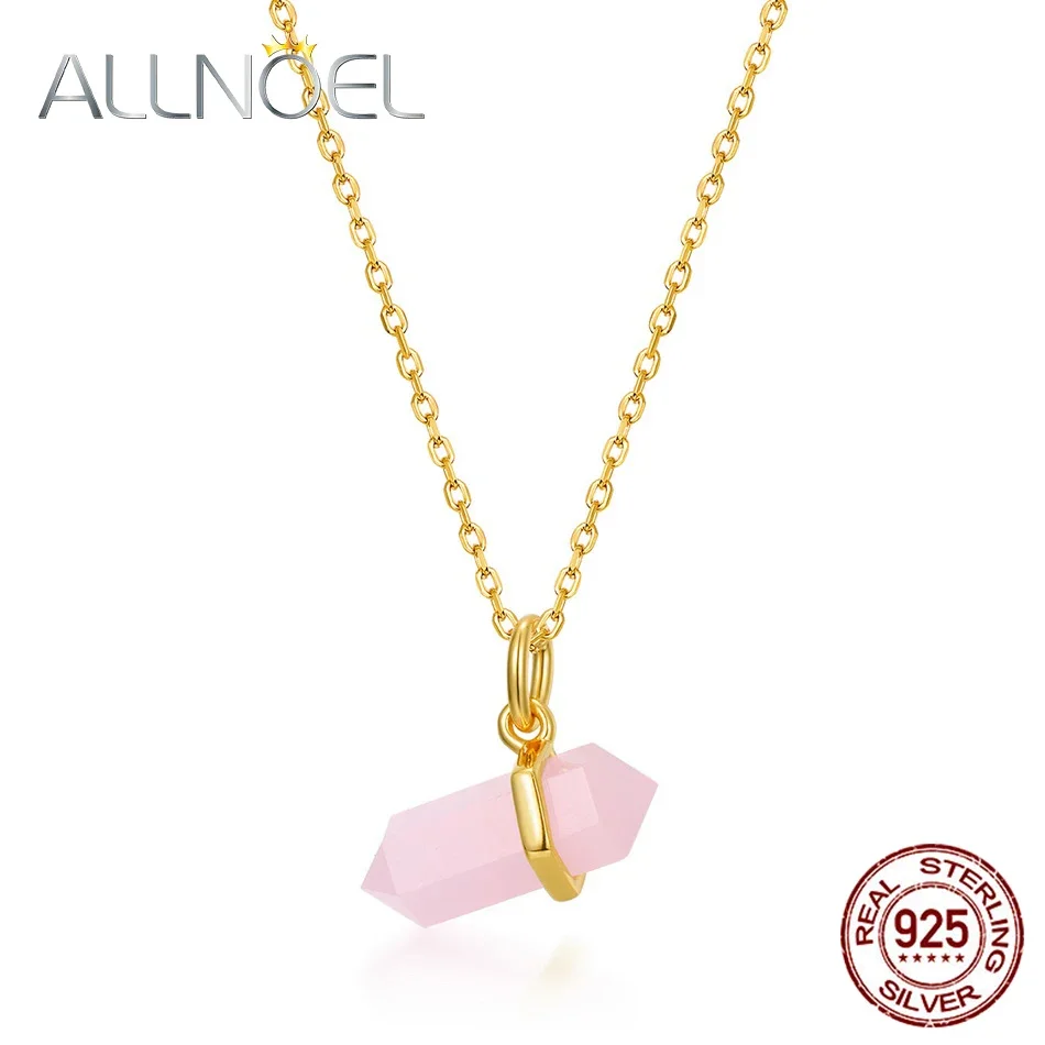 ALLNOEL 925 Sterling Sliver Pendant Necklace For Women Rhombus Pillar Pink Crystal Synthetic Rose Quartz Gold Color Fine Jewelry