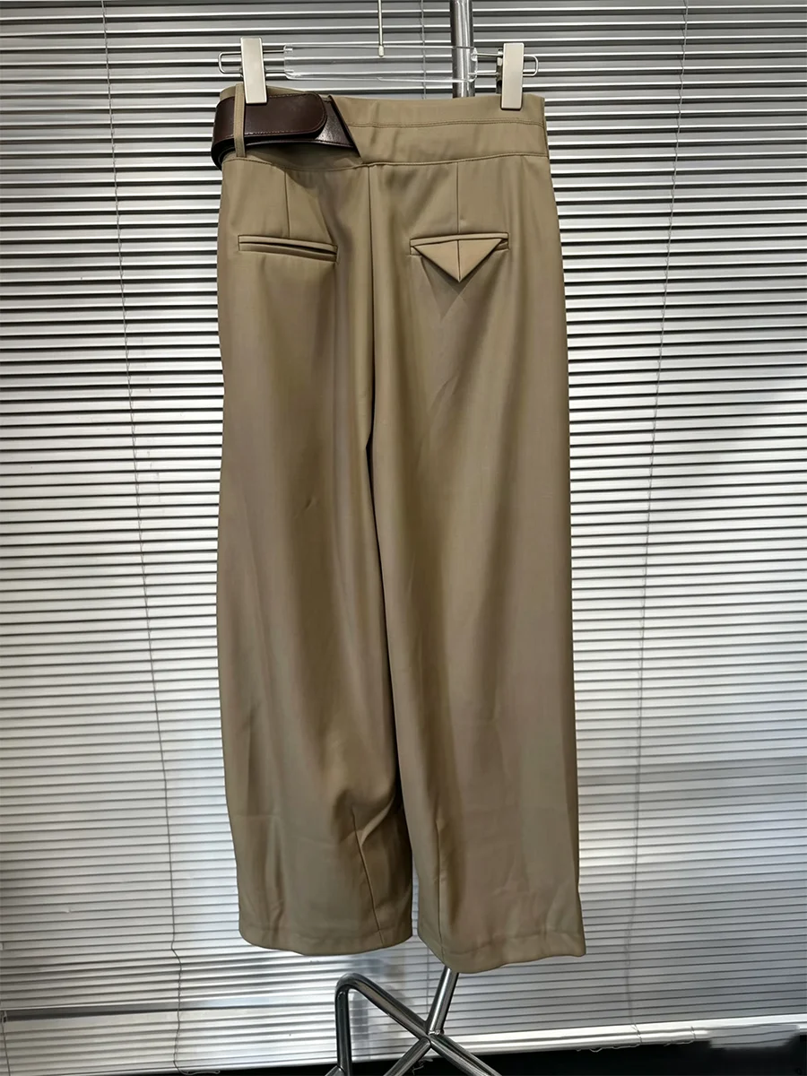 GALCAUR Belt Spliced Pleated Loose Solid Pants for Women High Waist Patchwork Pocket Casual Wide Leg Trousers Female Fashion New