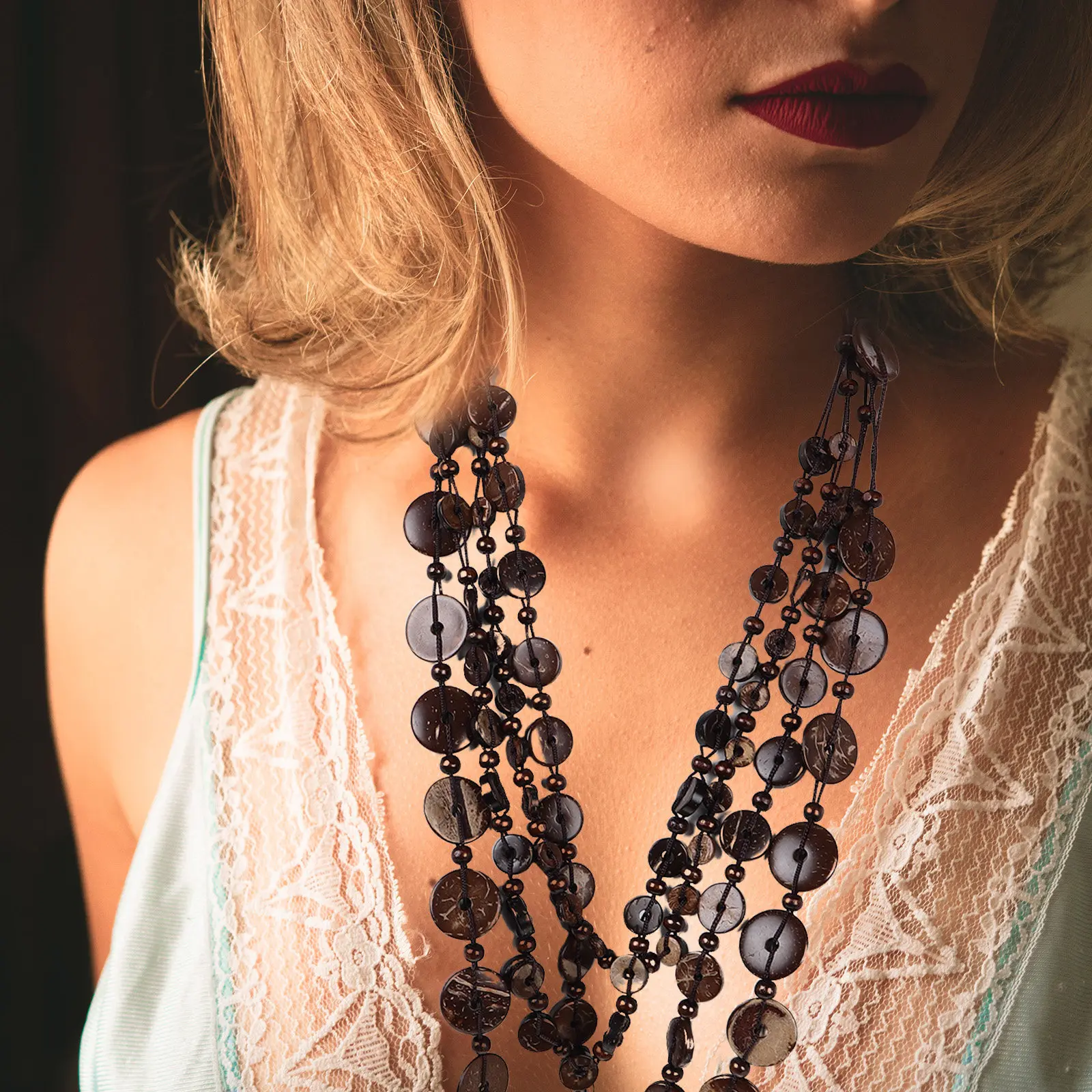 

Brown Vintage Coconut Shell Wood Beaded Necklace Handmade Multi Strand Retro Statement Jewelry for Women Beach Wear