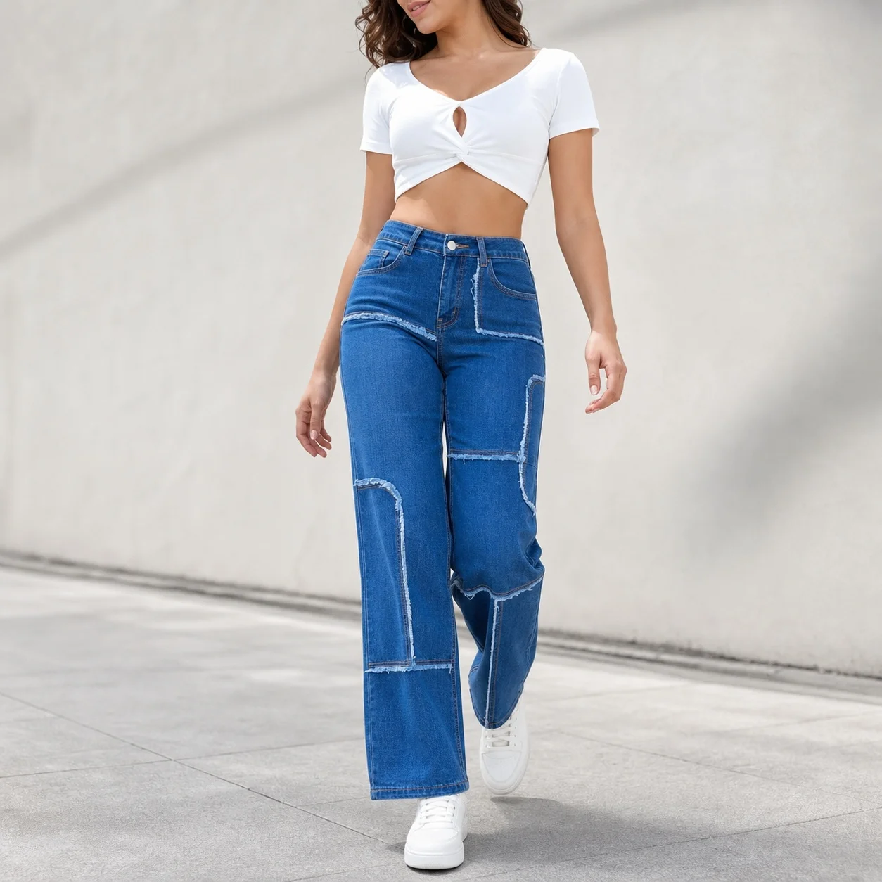 Women's Baggy Mid Waist Wide Leg Straight Leg Long Cotton Solid Color Patchwork Casual Jeans with Distressed Hem and Contrast